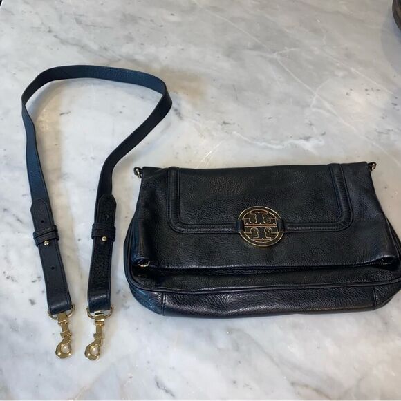 Tory Burch Black Leather Amanda Foldover Black Pebble Leather Crossbody EUC - Picture 11 of 16